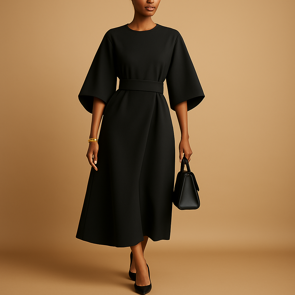 Virella Women's A-Line Midi Dress With Belt - VibreMode