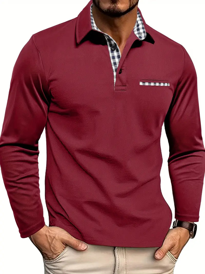 Men's Long Sleeve Polo Shirt Contrast Collar Pocket