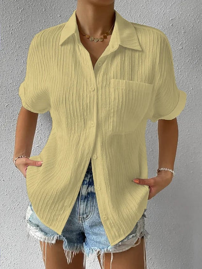 Women's Short Sleeve Blouse Cotton Crinkled White