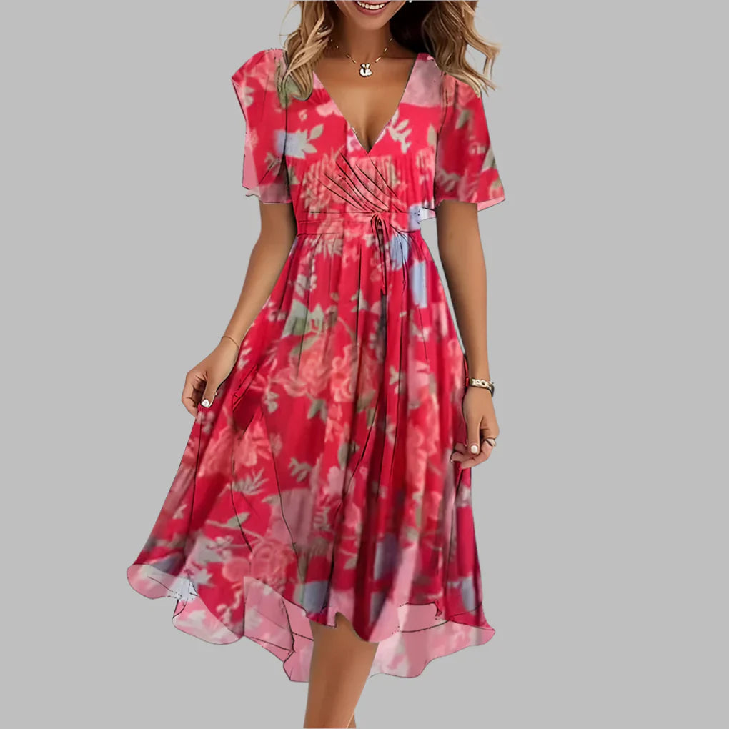 Women's Floral Midi Dress Ruched Waist