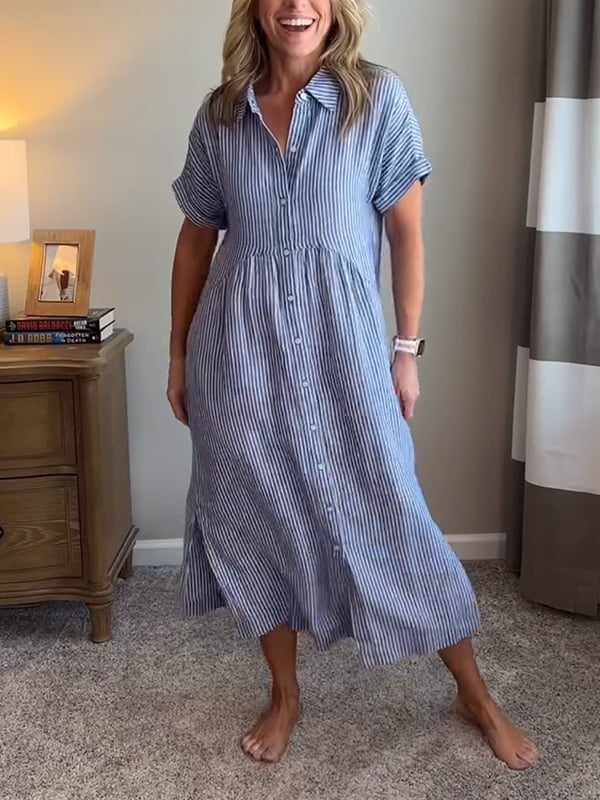 Women's Casual Midi Dress Short Sleeve Button Front
