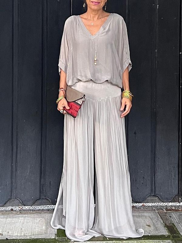 Women's V-Neck Jumpsuit Wide Leg Batwing Sleeve Two Piece