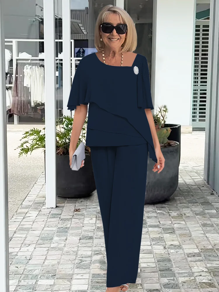 Women's Two Piece Short Sleeve Straight Leg Pants Set