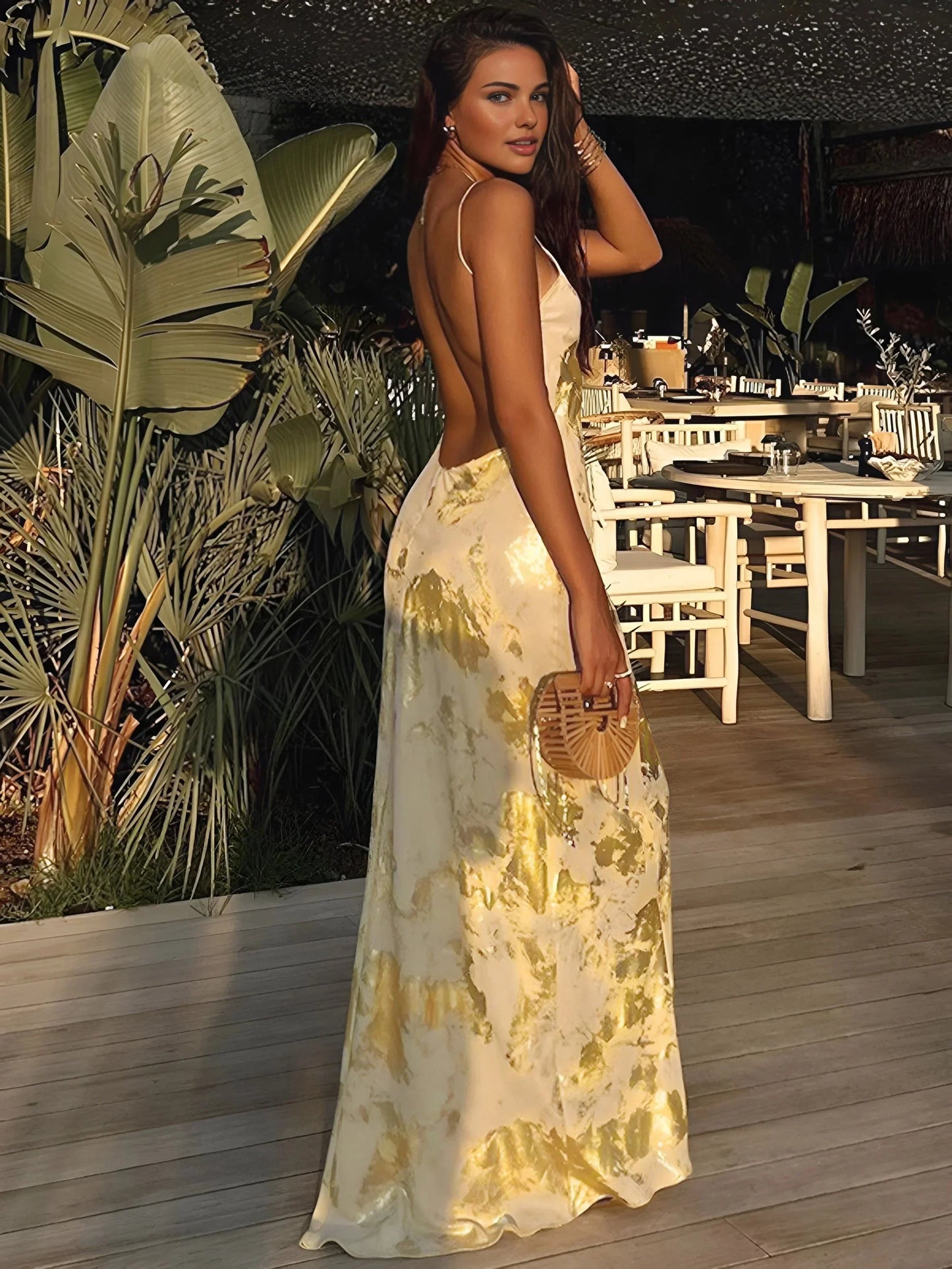Women's Satin Maxi Dress Gold Strap