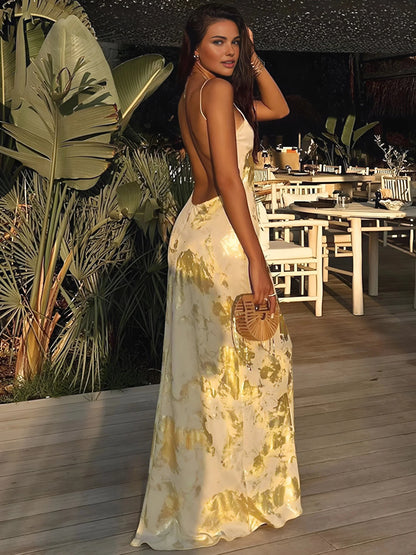 Women's Satin Maxi Dress Gold Strap