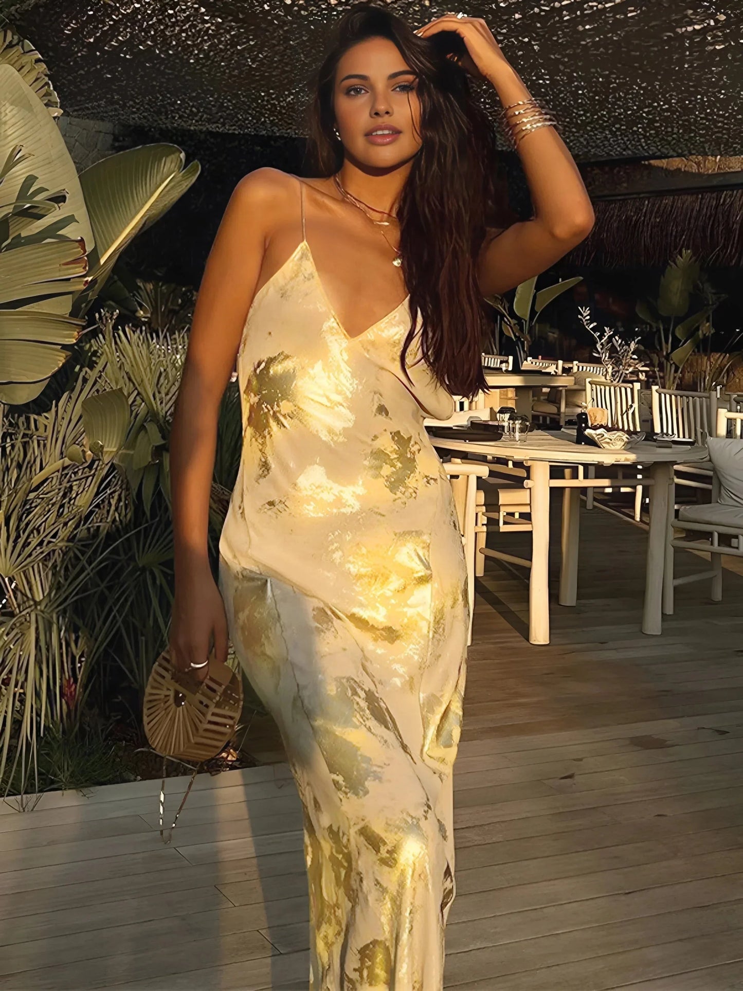 Women's Satin Maxi Dress Gold Strap