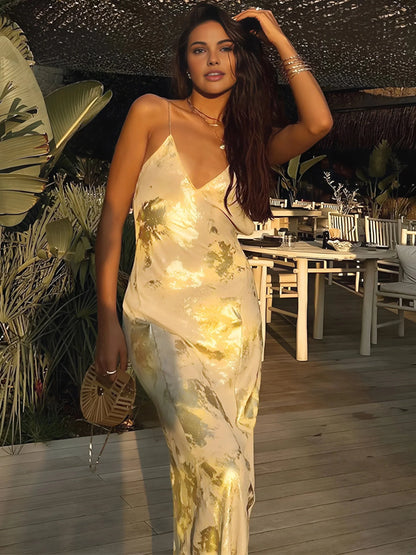 Women's Satin Maxi Dress Gold Strap