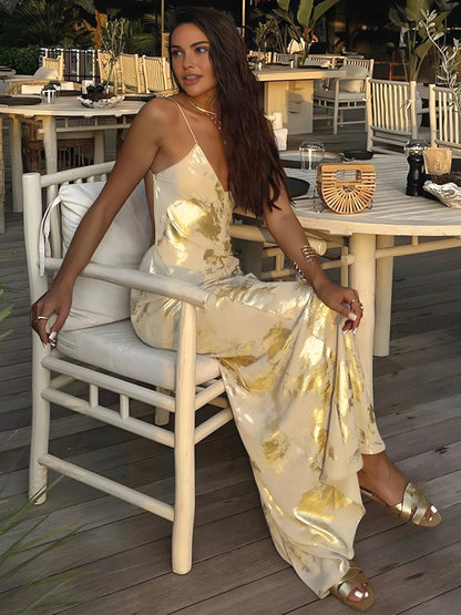 Women's Satin Maxi Dress Gold Strap
