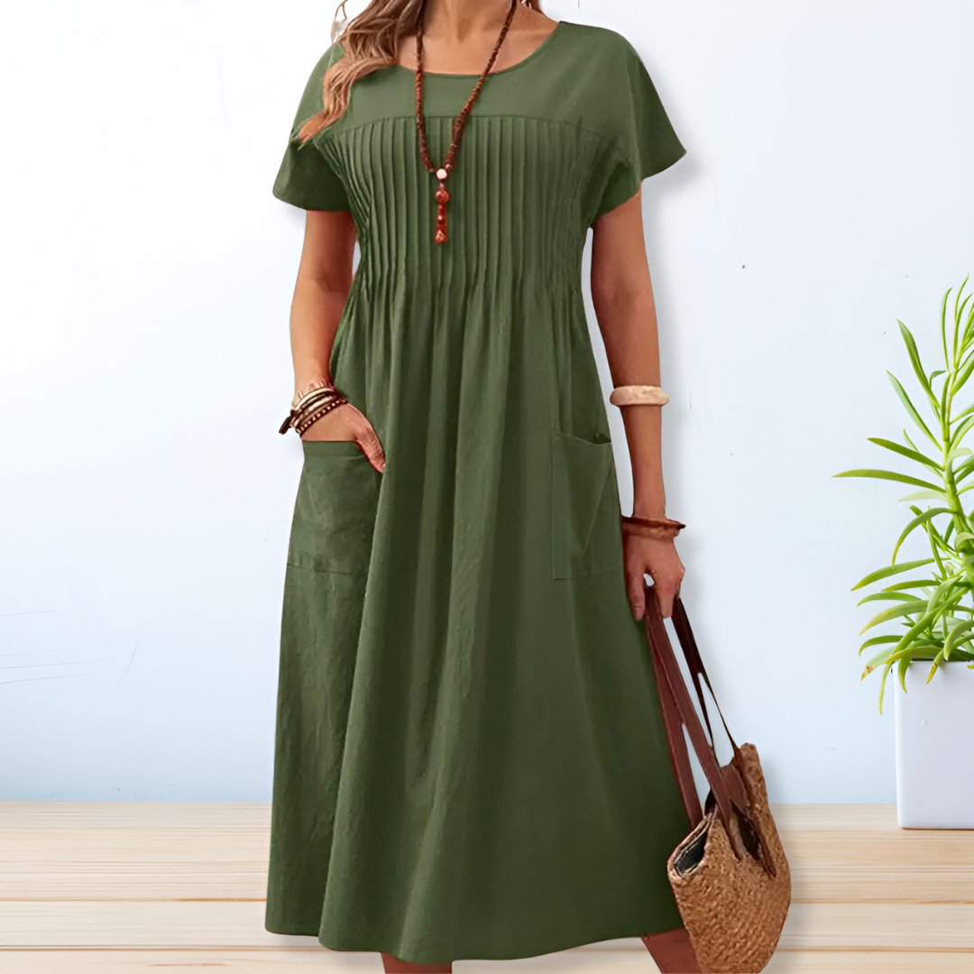 Women's Short Sleeve Midi Dress Cotton Side Pockets Beige - VibreMode