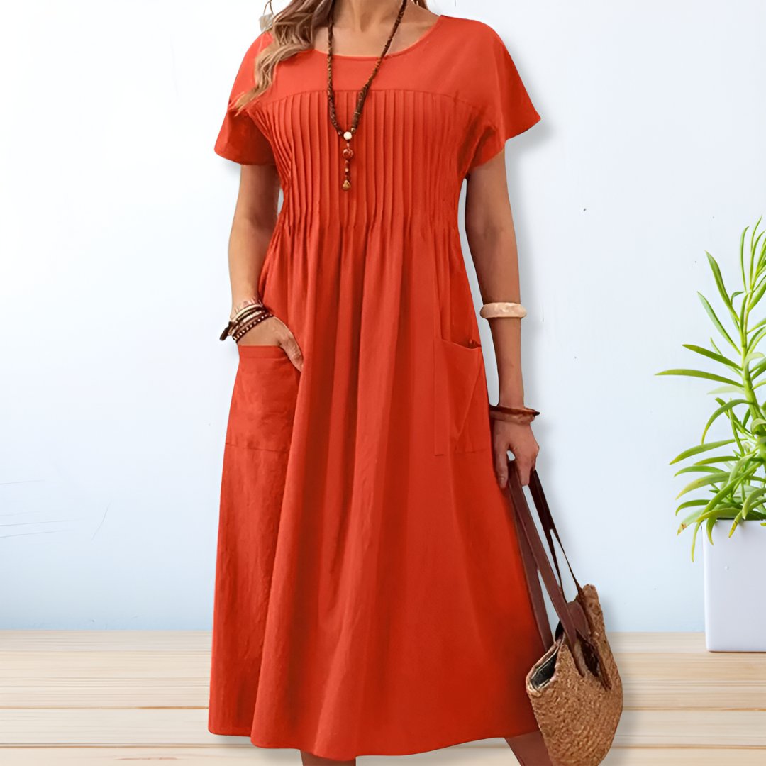 Women's Short Sleeve Midi Dress Cotton Side Pockets Beige