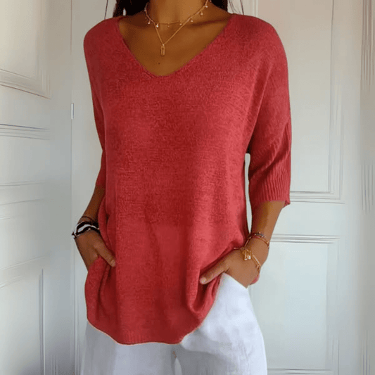 Women's V-Neck Sweater Three-Quarter Sleeves - VibreMode