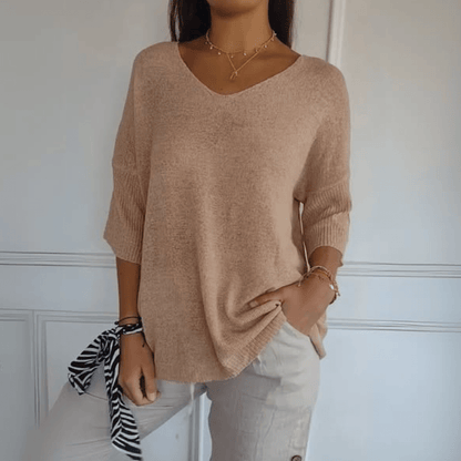 Women's V-Neck Sweater Three-Quarter Sleeves