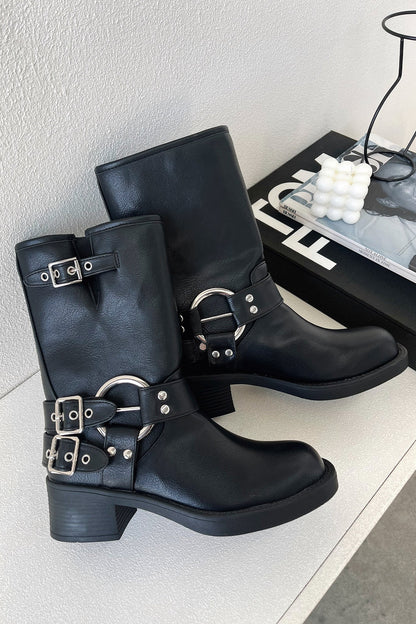 Women's Block Heel Boots Buckle Detail - VibreMode