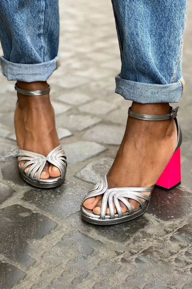 Women's Shiny Buckle Sandals Thick Heel