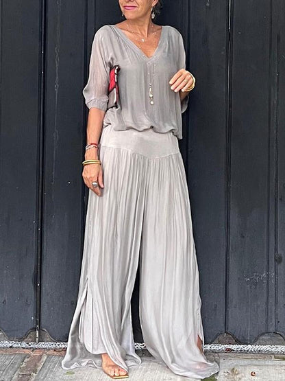 Green Women's V-Neck Flare Sleeve Loose Fit Jumpsuit Set