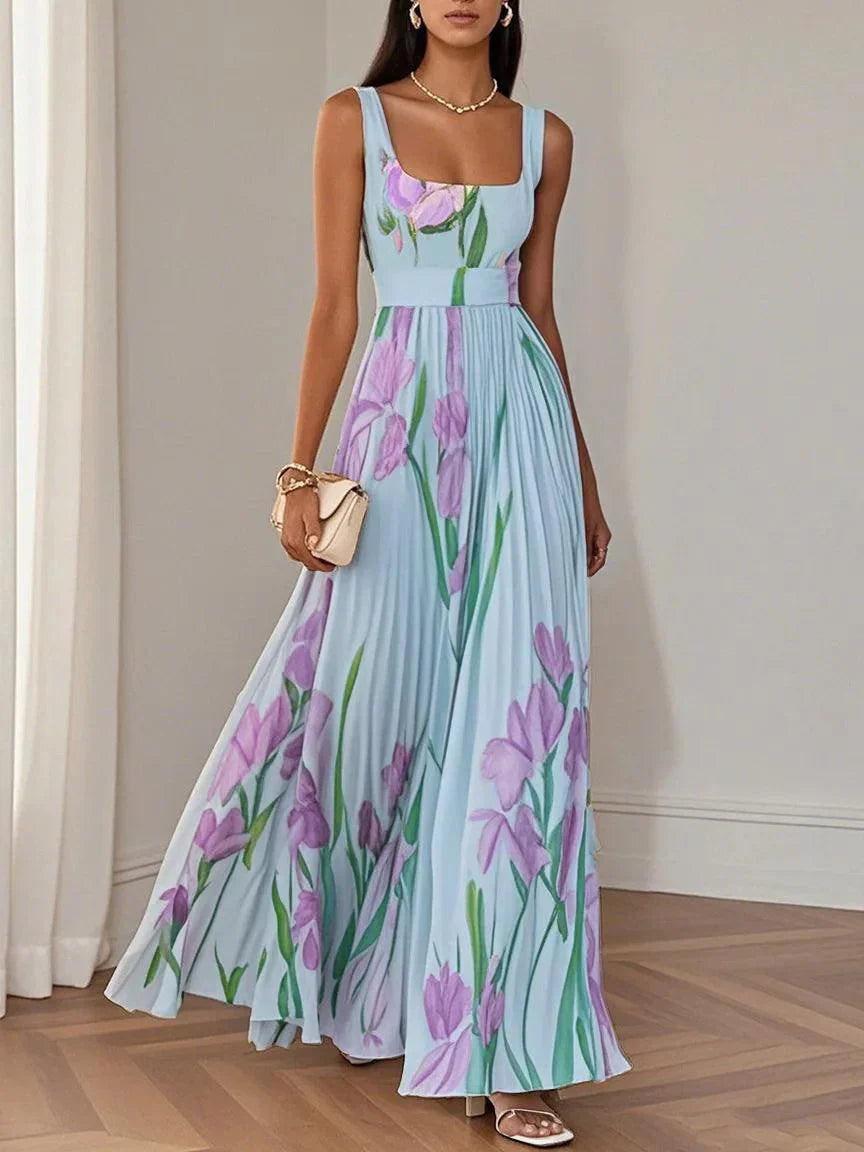 Women's White Pleated Maxi Dress Floral