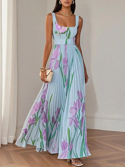 Women's Pleated Maxi Dress Floral Print Wide Straps