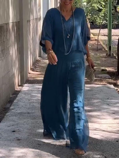 Women's V-Neck Jumpsuit Wide Leg Batwing Sleeve Two Piece