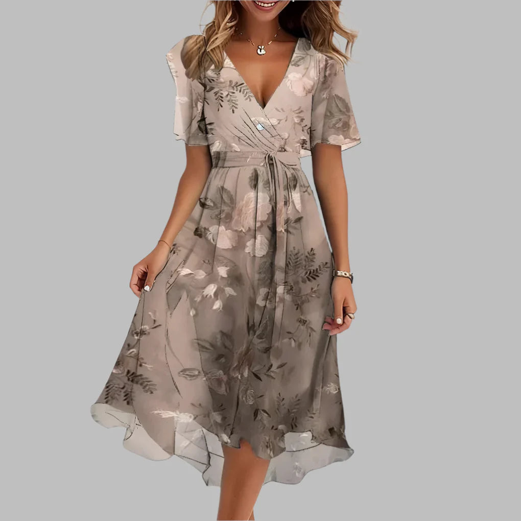 Women's Floral Midi Dress Ruched Waist