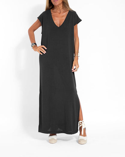 Women's V-Neck Maxi Dress Short Sleeve Coral