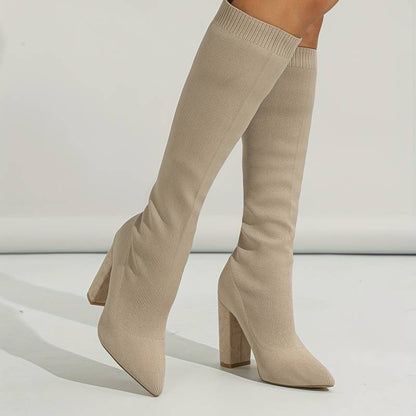 Women's Pointed Toe Booties Block Heel Knee High Boots