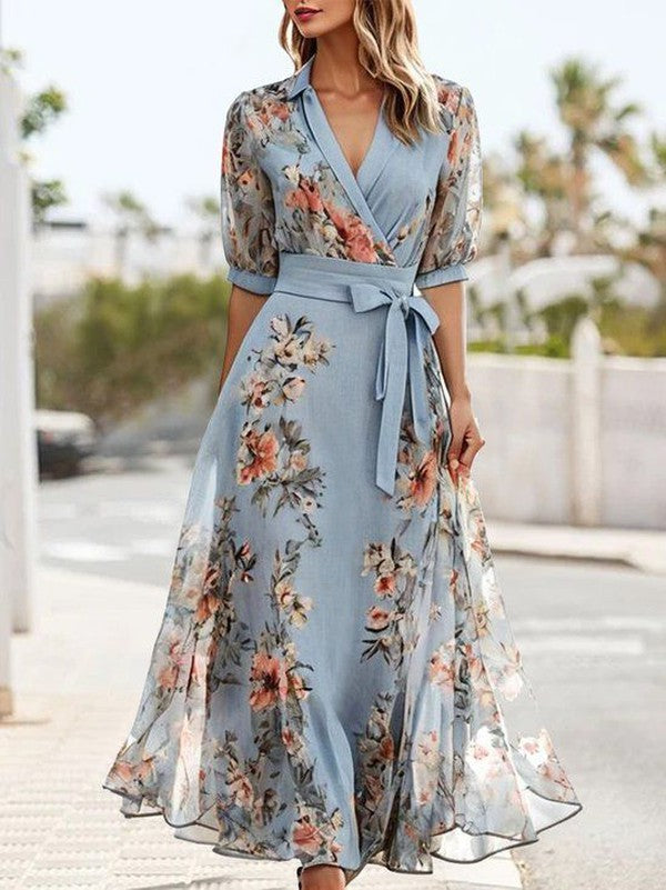 Women's Maxi Dress Collared Wrap Puff Sleeves Waist Tie - VibreMode