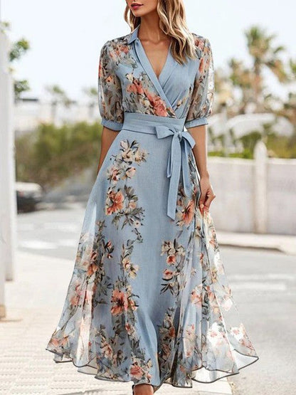Women's Maxi Dress Collared Wrap Puff Sleeves Waist Tie - VibreMode