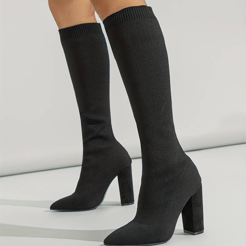 Women's Pointed Toe Booties Block Heel Knee High Boots