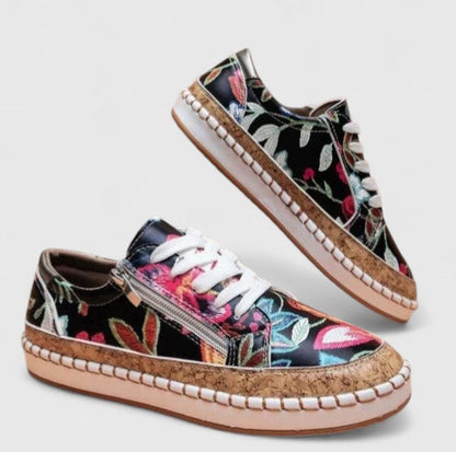 Women's Floral Sneakers Cork Sole Lace-Up Platform