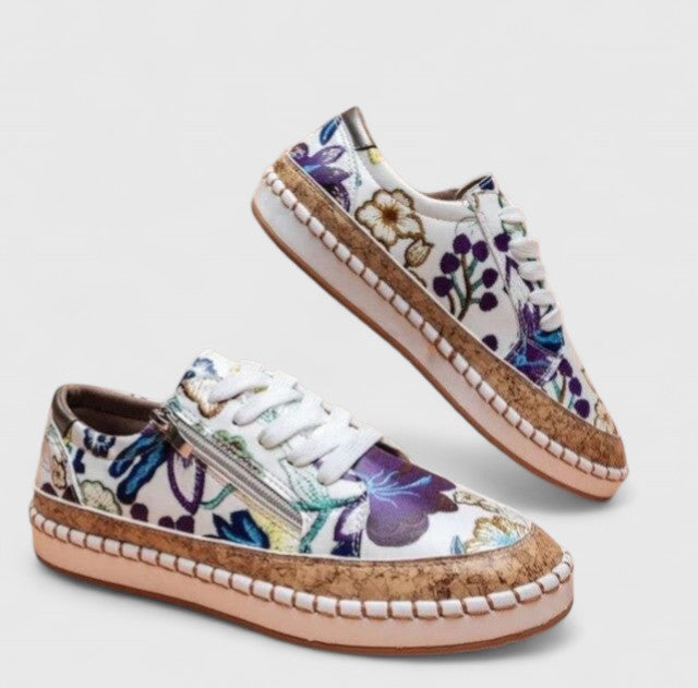 Women's Cute Floral Lace Up Sneakers with Cork Insole