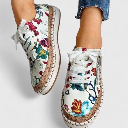 Women's Floral Sneakers Cork Sole Lace-Up Platform