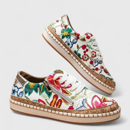 Women's Cute Floral Lace Up Sneakers with Cork Insole