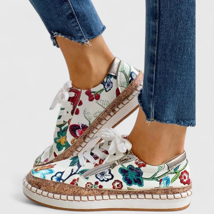 Women's Floral Sneakers Cork Sole Lace-Up Platform - VibreMode