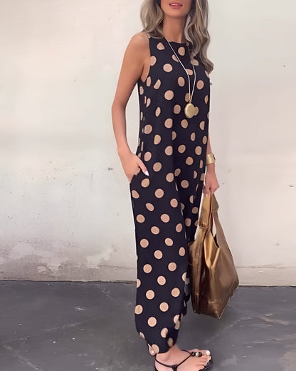 Women's Polka Dot Maxi Dress Tummy Control Flowy Black
