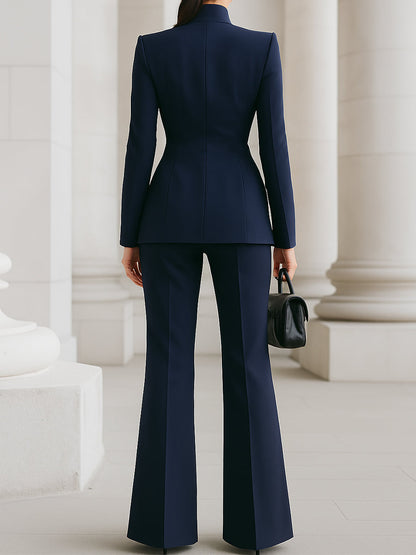 Women's Blazer Suit Set Wool Stand Collar Wide Leg Pants