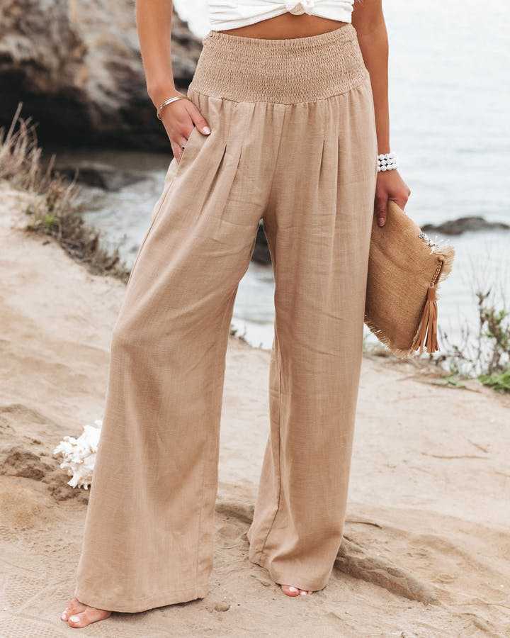 Women's Wide Leg Beach Pants Elastic Waist - VibreMode