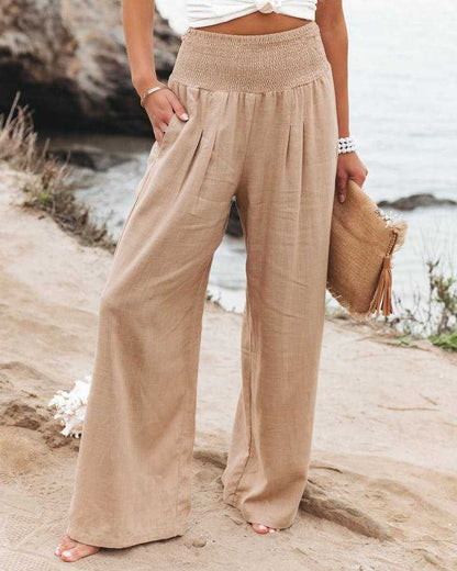 Women's Wide Leg Smocked Waist Trousers - VibreMode