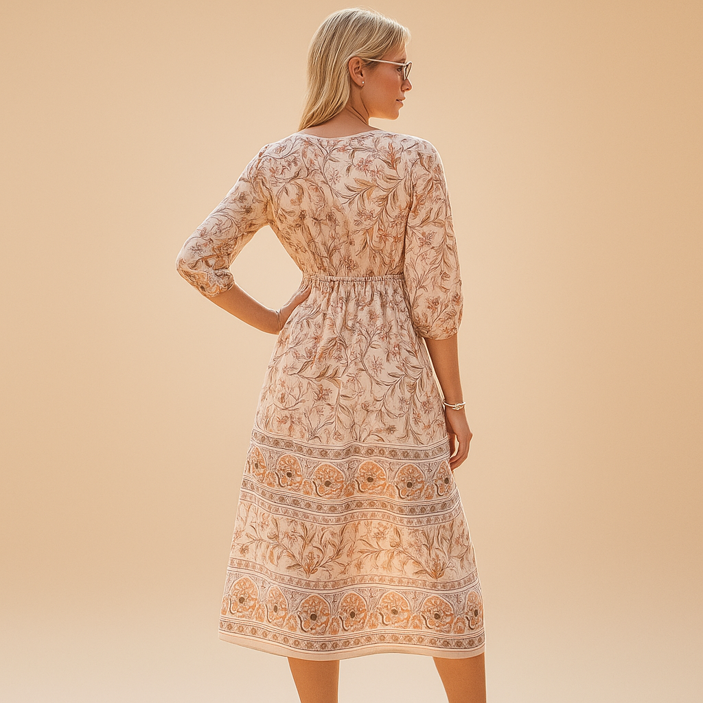 Women’s bohemian summer dress with airy relaxed fit and refined patterns, perfect for festivals, beach days, and casual summer outings.