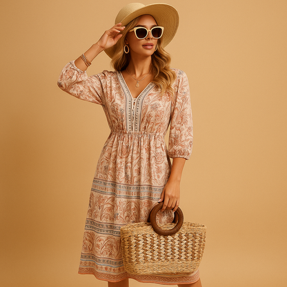 Women’s bohemian summer dress with airy relaxed fit and refined patterns, perfect for festivals, beach days, and casual summer outings.