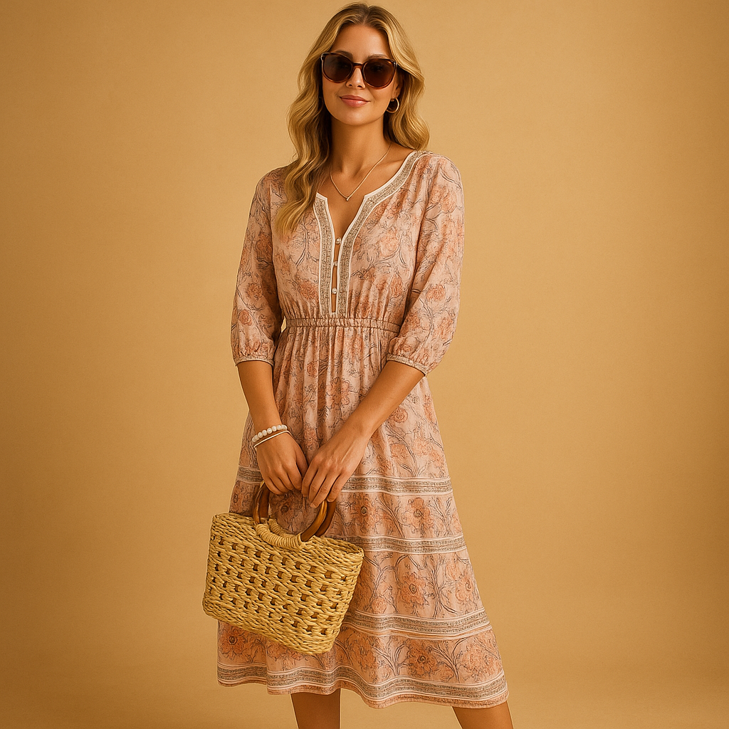 Women’s bohemian summer dress with airy relaxed fit and refined patterns, perfect for festivals, beach days, and casual summer outings.