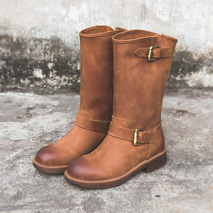Women's Mid Calf Boots Buckle Brown - VibreMode