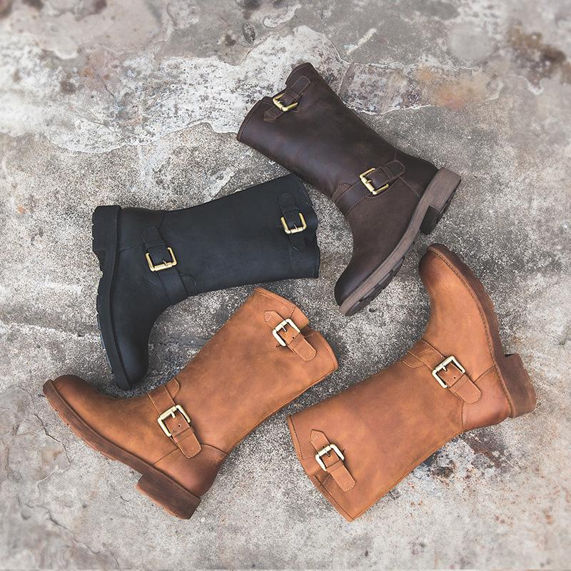 Women's Mid Calf Boots Buckle Brown