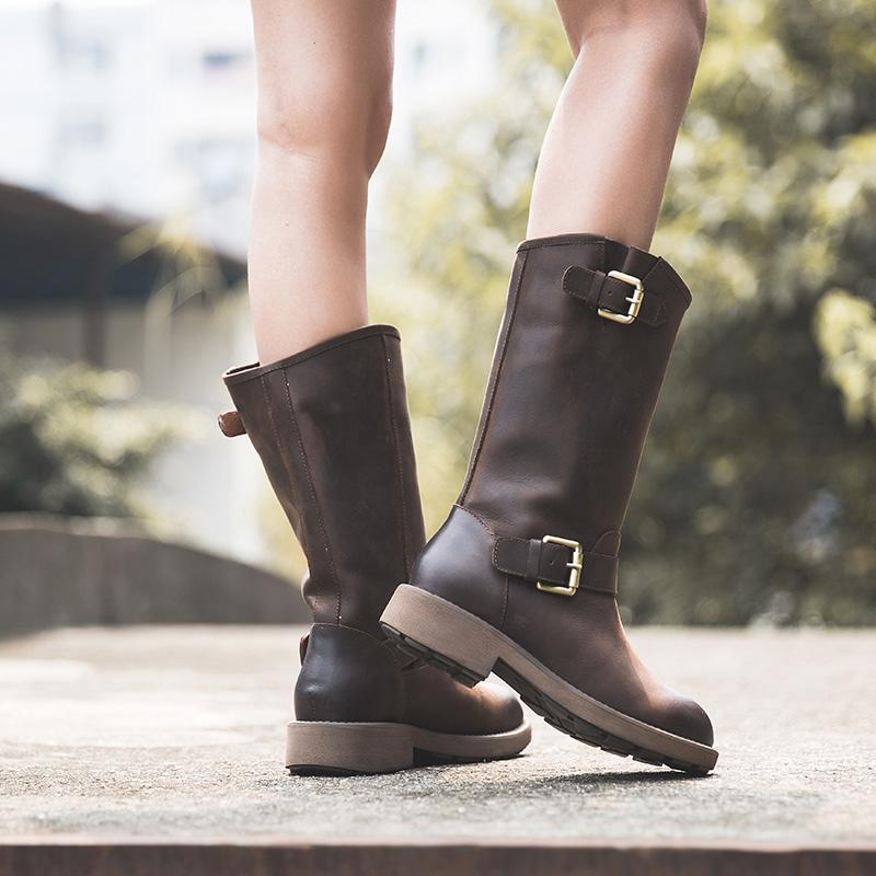 Women's Mid Calf Boots Buckle Brown