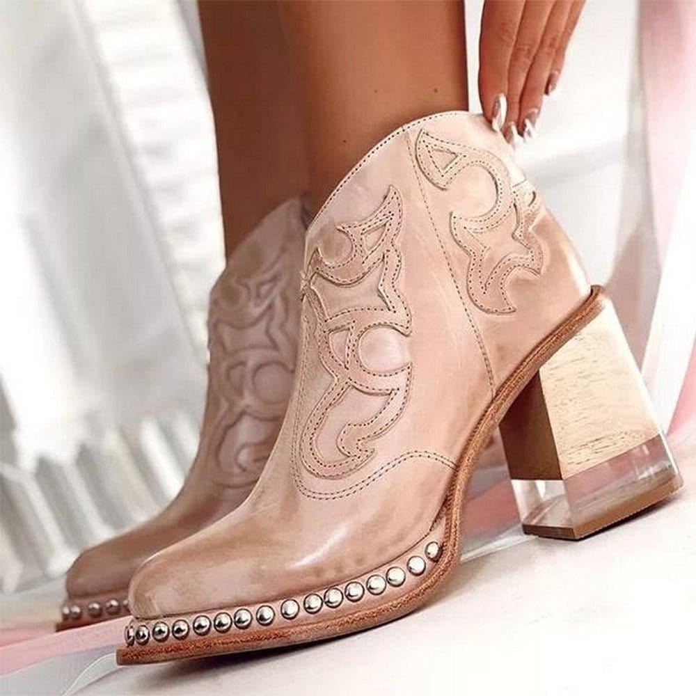 Women's Rounded Toe Boots Decorative Panel - VibreMode