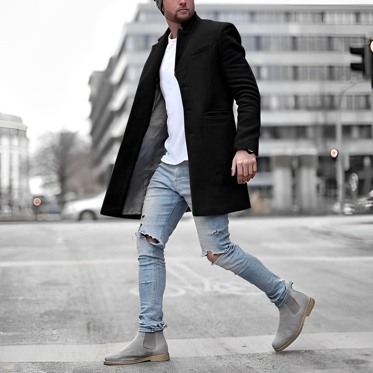 Image of Bradley | Men's Stand Collar Mid-Length Overcoat
