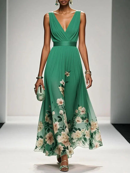 Women's Floral Maxi Dress Sleeveless V-Neck Wide Straps