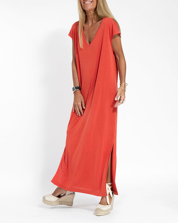 Women's V-Neck Maxi Dress Short Sleeve Coral