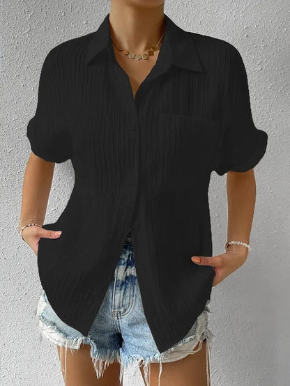 Women's Short Sleeve Blouse Cotton Crinkled White