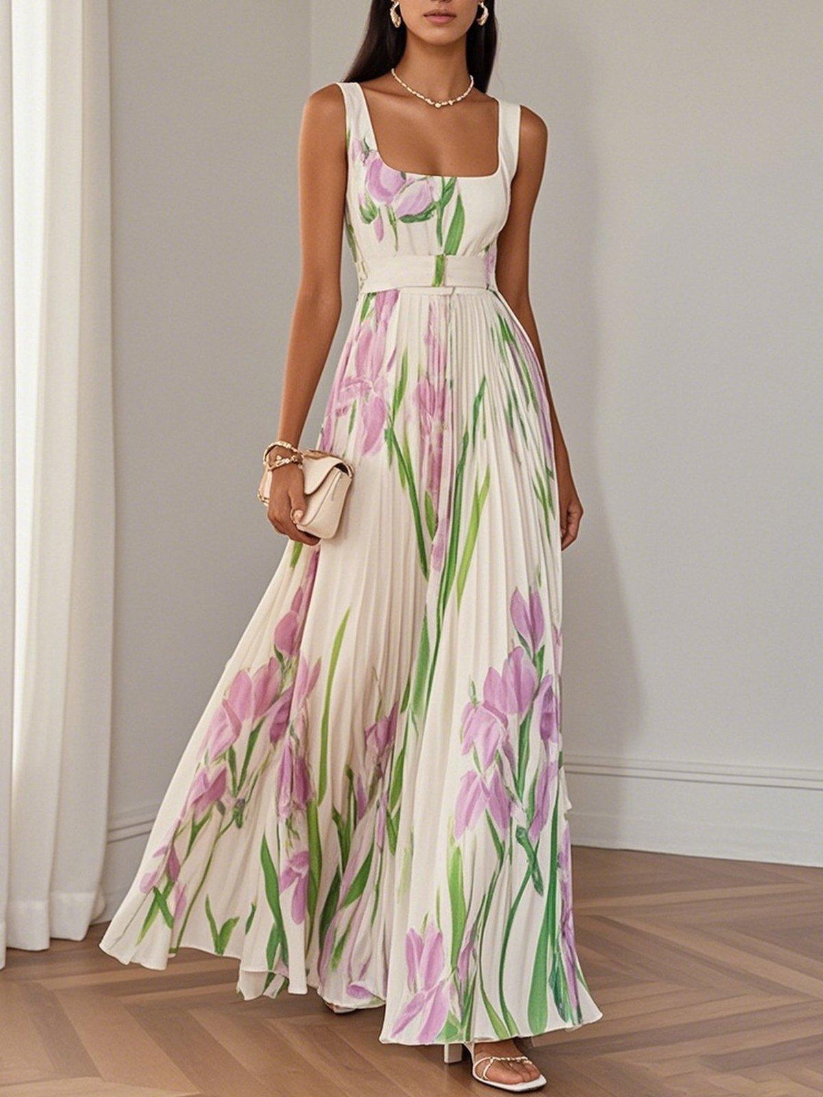 Women's Pleated Maxi Dress Floral Print Wide Straps - VibreMode