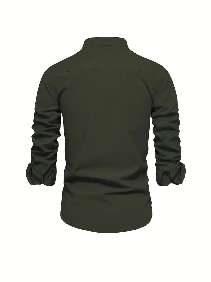 Men's Long Sleeve Button Shirt Band Collar White